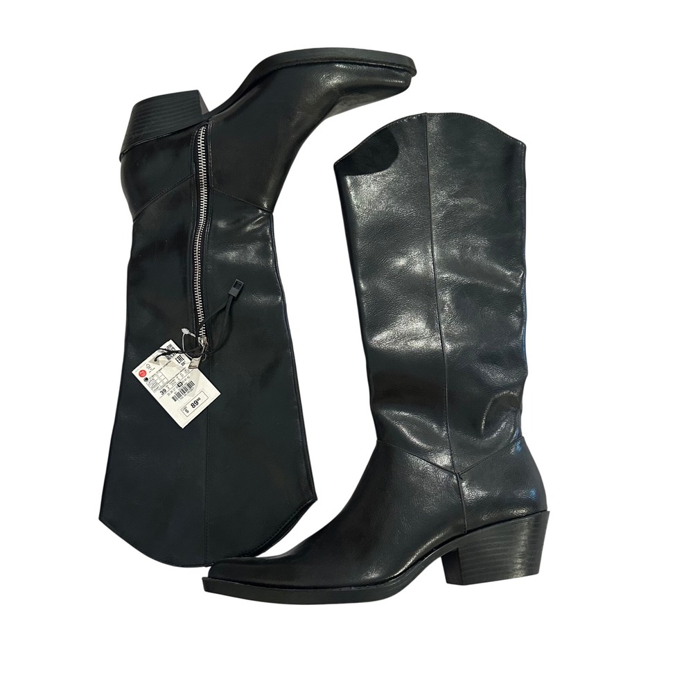 Zara Black Leather Knee-High Heeled Boots